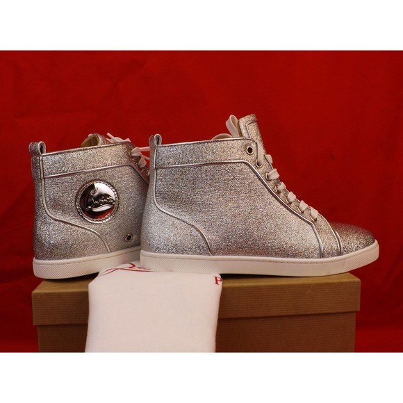 NIB LOUBOUTIN BIP BIP SILVER ORLATO FLAT LUREX LEATHER HI TOP SNEAKERS 39.5 - Picture 8 of 12